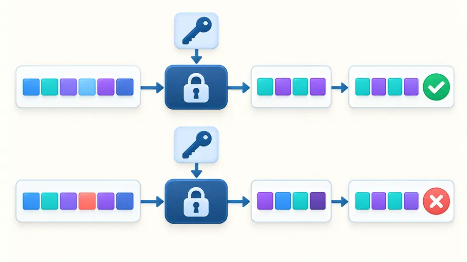 Matching digest blocks show a check; changing one message byte produces different digest blocks and a cross.