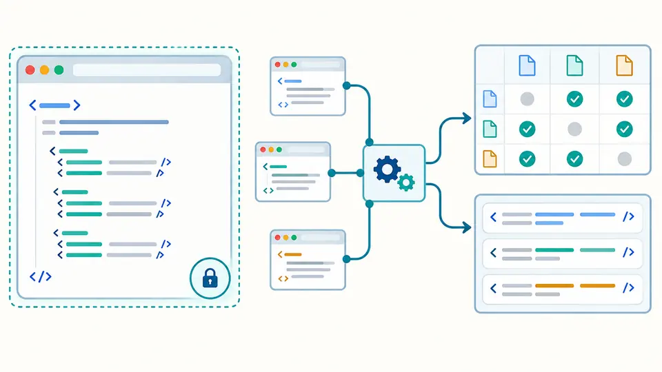 A pasted HTML head connects to a local matrix and suggested link tags, with no arrow to a remote server.