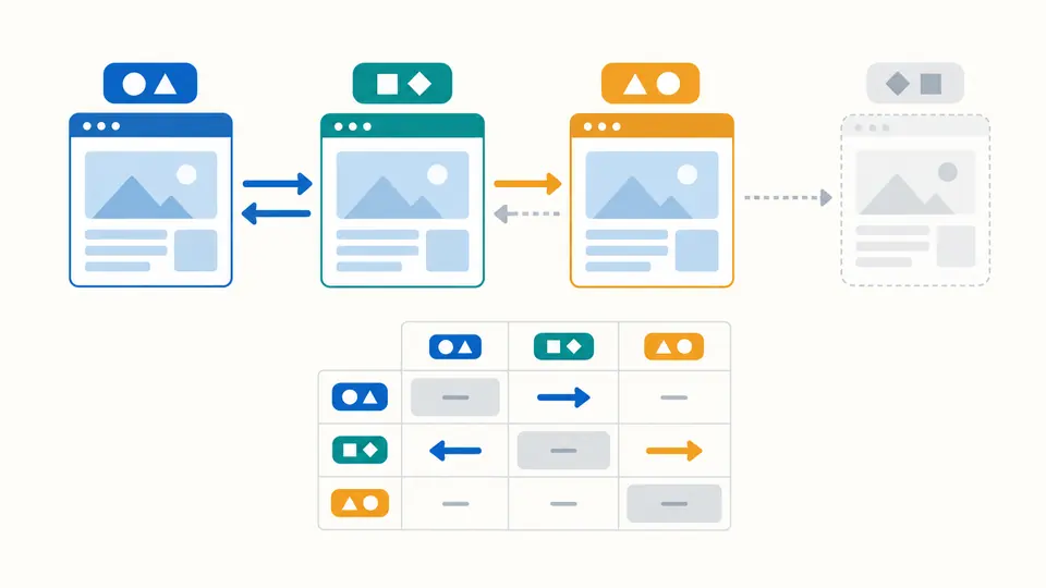 Three page cards feed a matrix; one directed link lacks its reverse edge while an unsupplied page is marked unverified.