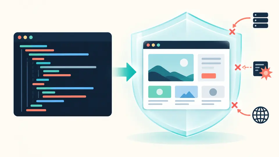 Code flows into an isolated static preview; external requests stop at its boundary.