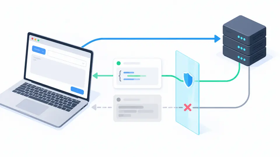 A browser sends one request directly to an API; a CORS gate controls whether the response panel can read it.