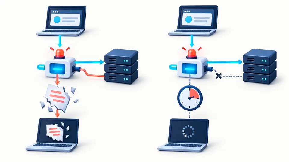 Zwei Gateway-Wege: links eine beschädigte Upstream-Antwort, rechts eine auslaufende Uhr ohne Antwort
