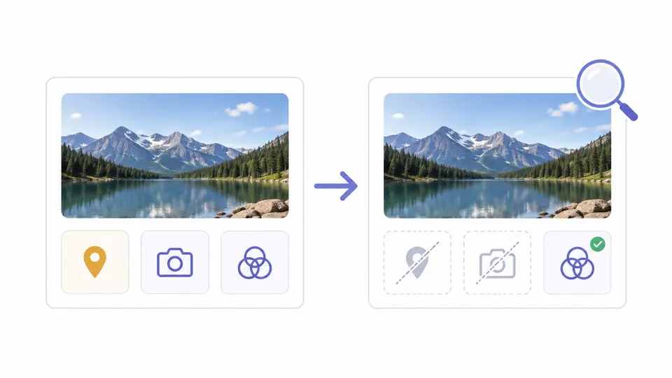 Two photo cards connected by an arrow; removed metadata markers are crossed out while a colour profile marker stays.