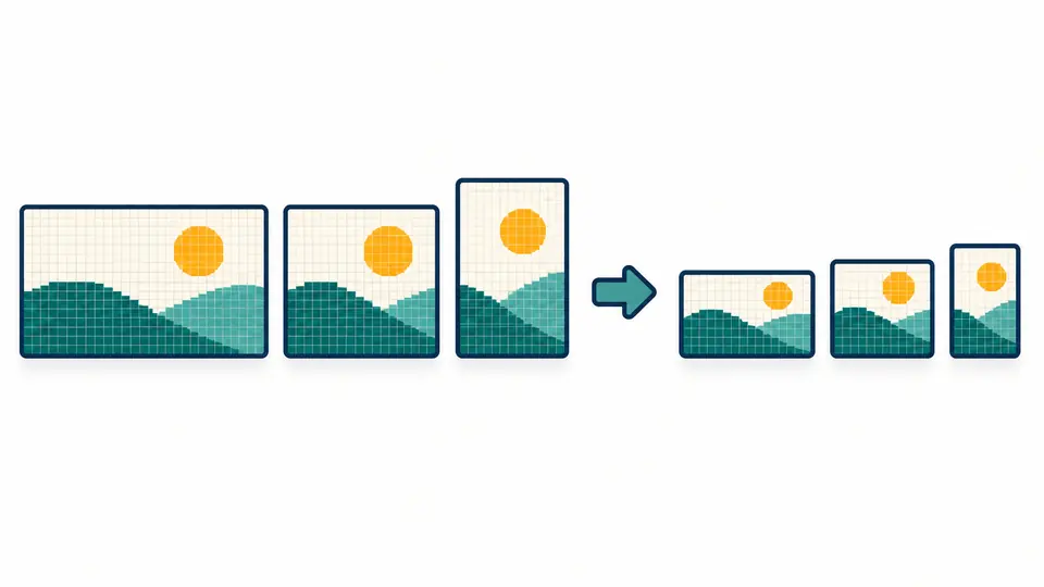 Three differently shaped photos flowing to three proportional output sizes, with the smallest photo remaining at its native size