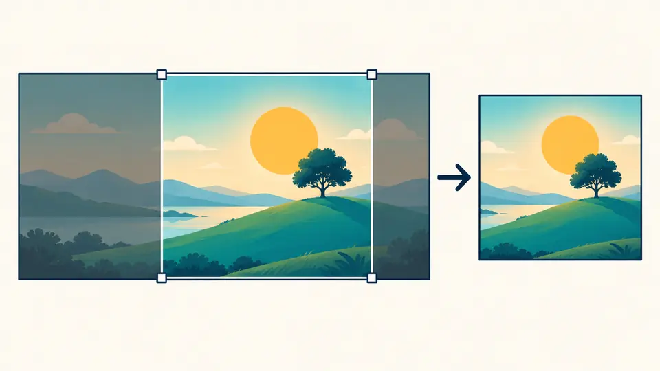 One wide photo with a visible square crop box, discarded margins shaded, and the same subject in a square preview