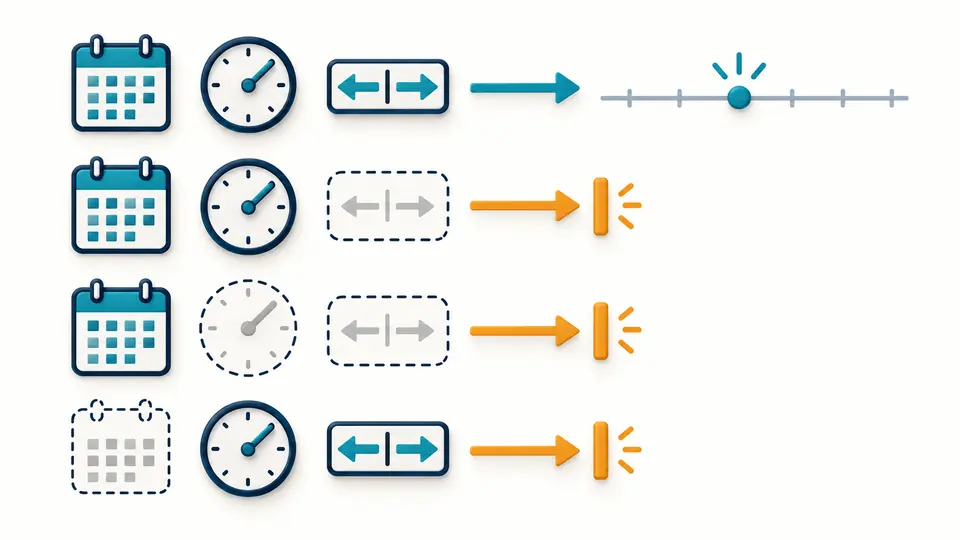 A complete date and time with offset passes to a timeline, while incomplete combinations stop beside amber markers.
