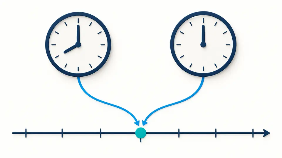 Two clocks with different hand positions connect to the same point on a shared timeline.