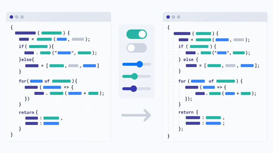 Vorher- und Nachher-Code mit sichtbarer Einrückung und Zeichensetzung