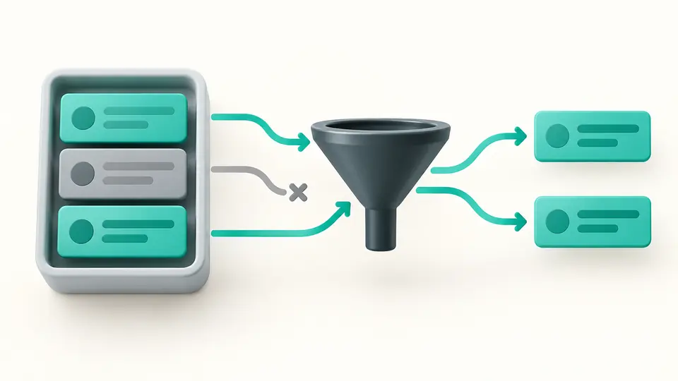 Three records pass through a filter; two matching records emerge as independent results.