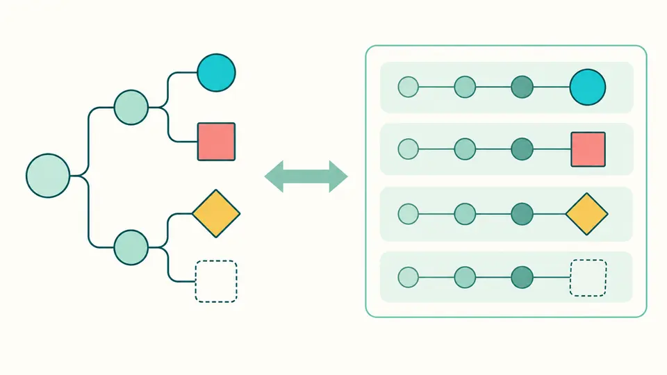 A nested tree becomes four path rows, retaining the same colored values and an empty container.