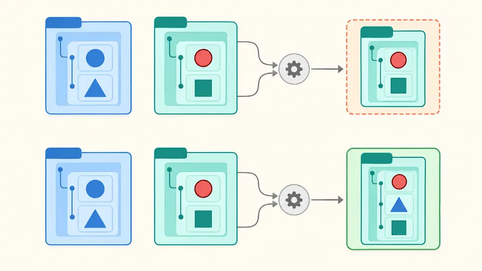 Two nested configuration trees show a whole branch replacement beside a recursive combination that retains separate leaves.