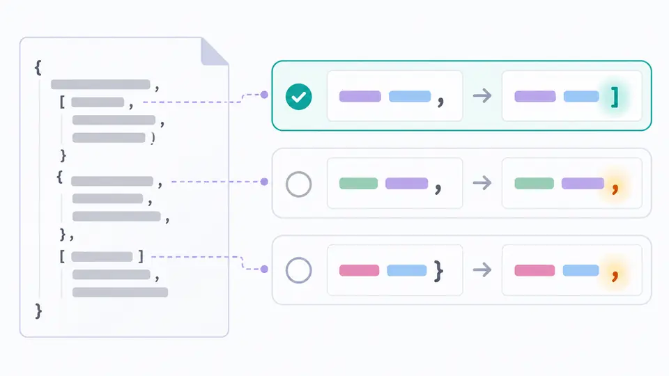 A source fragment connects to several highlighted proposed changes, with one change selected and others awaiting review.
