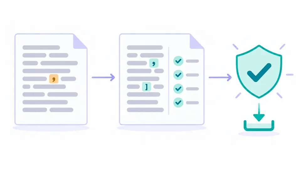 An unchanged source document sits beside a reviewed result, with a validation check before the export symbol.