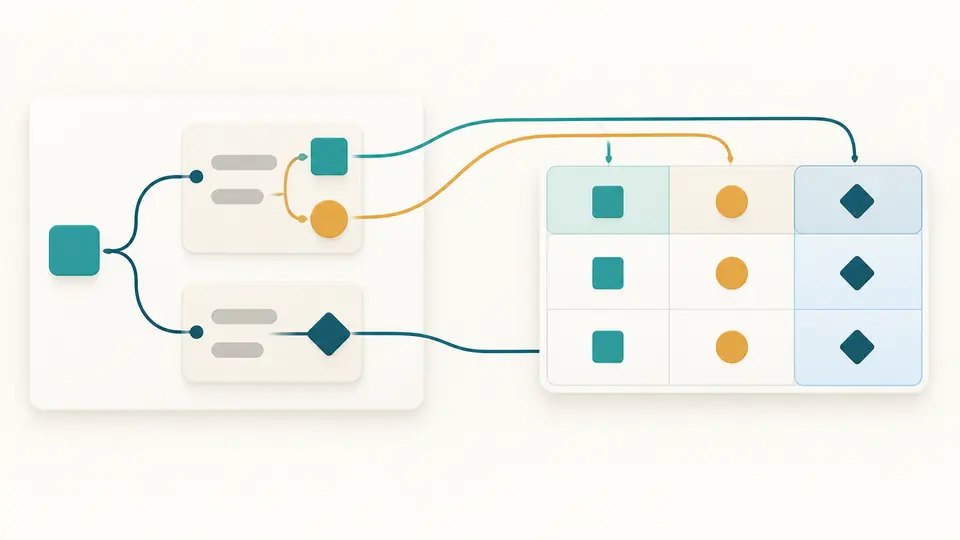 Nested object branches mapped to distinct, selected table columns
