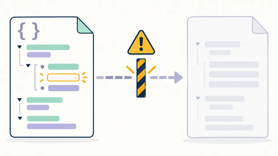 A highlighted missing value stops a conversion arrow before it reaches the result document.