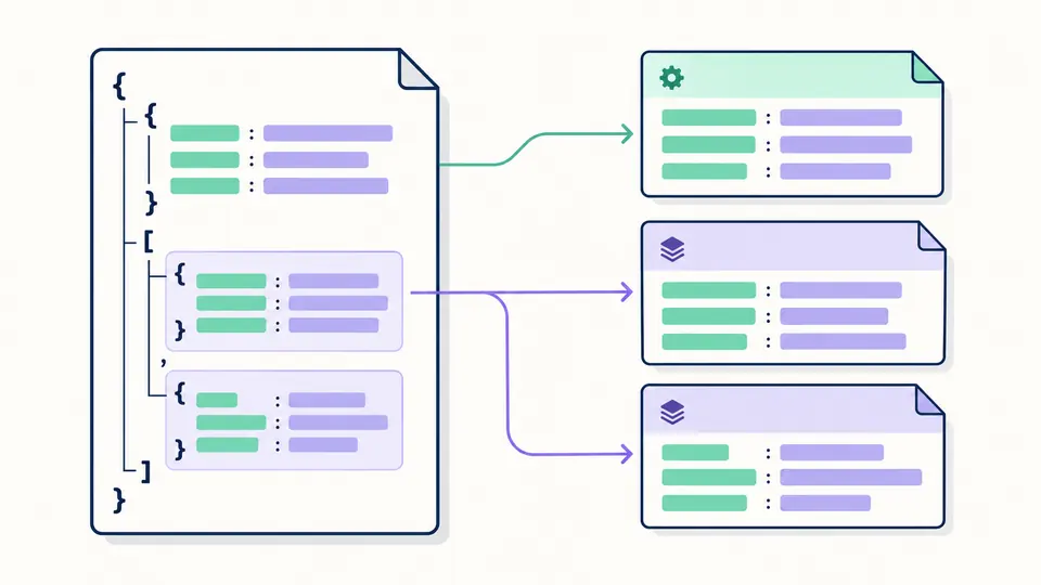 A nested data tree becomes distinct table sections and two repeated object cards.