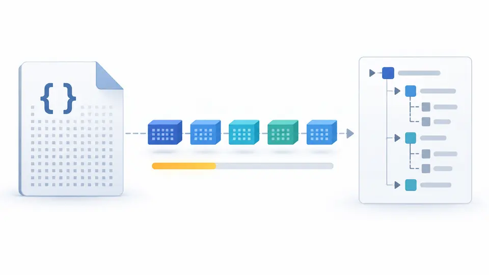 로컬 JSON 파일에서 작은 읽기 블록이 순서대로 나오고 트리는 접힌 채 남아 있는 그림.