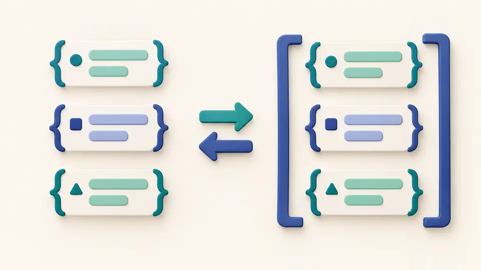 Independent record cards become elements inside an array and retain the same token markers.