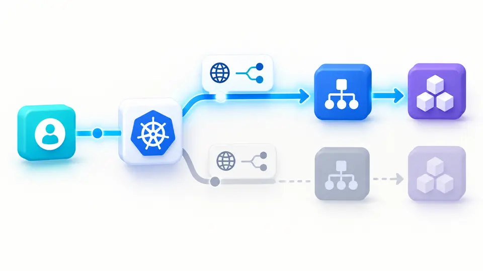 A blue request line follows the selected route from Ingress through Service to a workload.