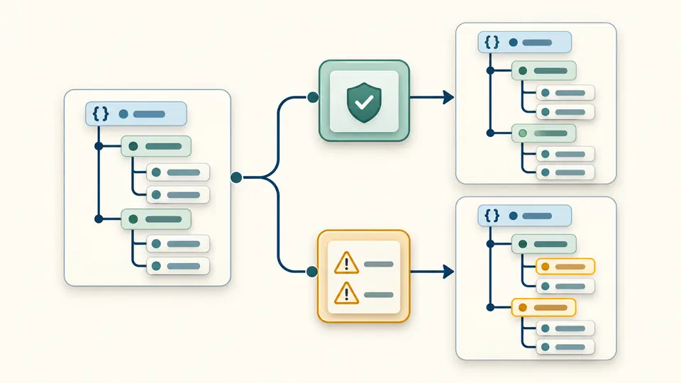 A schema tree passes a general check while a second check marks two unresolved branches.