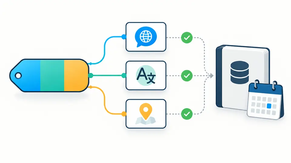 A segmented tag leads to language, script and region cards checked against a dated registry.
