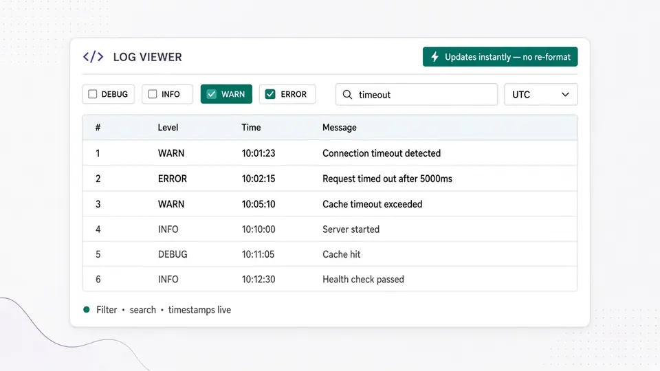 A results table where toggling a level checkbox and typing a search term update the visible rows without a reformat button being pressed