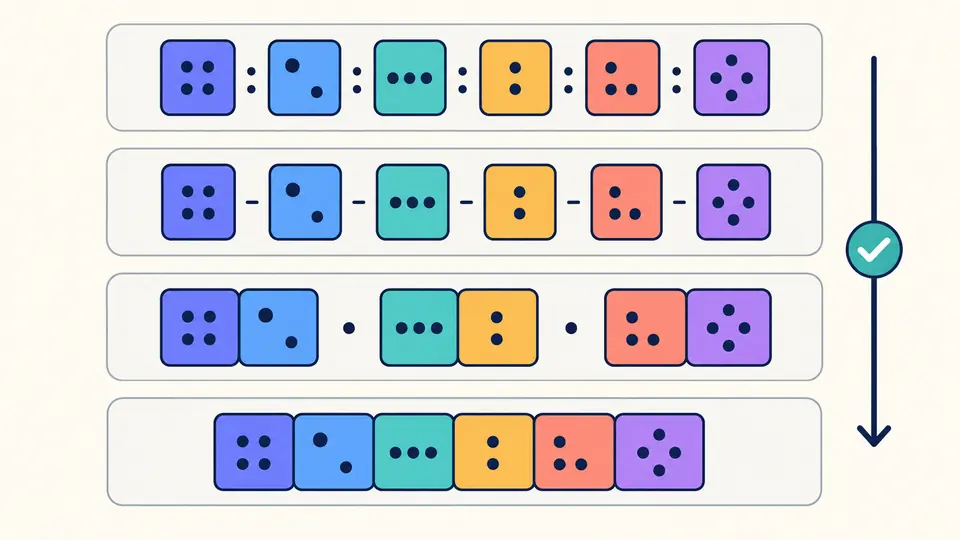The same six colored byte blocks repeated with different grouping and separators.