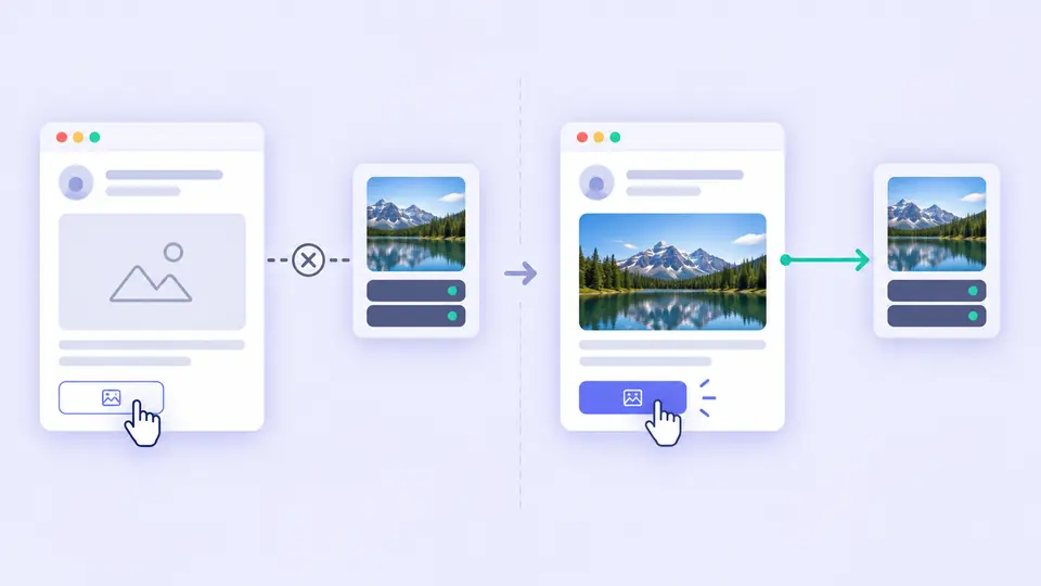 A sharing card first shows a local image placeholder; an explicit action reveals a remote image.