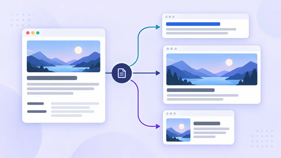 One set of page fields branches into a search snippet and differently shaped sharing cards.