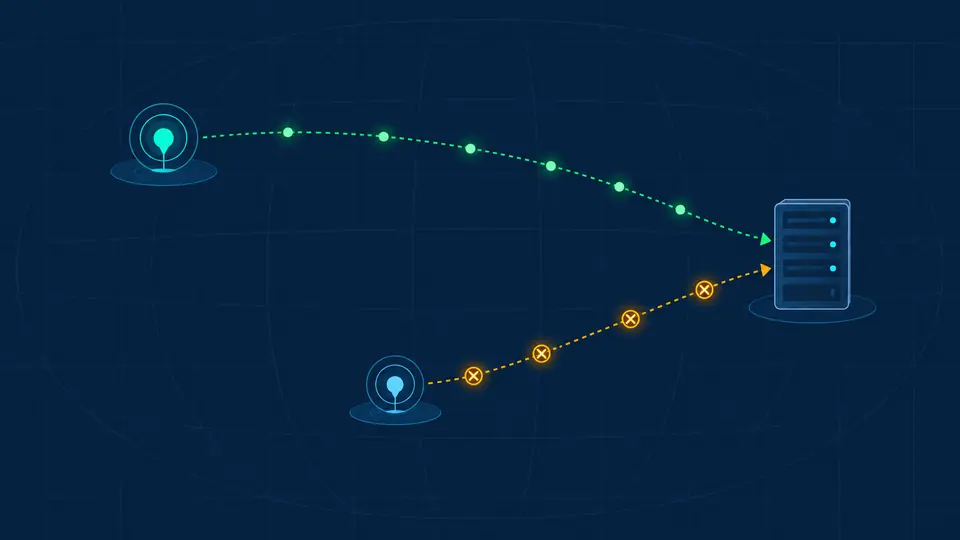 Two remote probe points take different paths to one public host, with different response indicators.