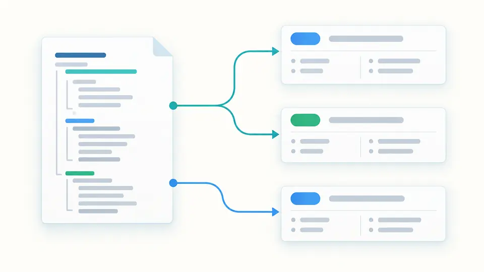 A structured document branches into three endpoint cards with differently colored method markers.