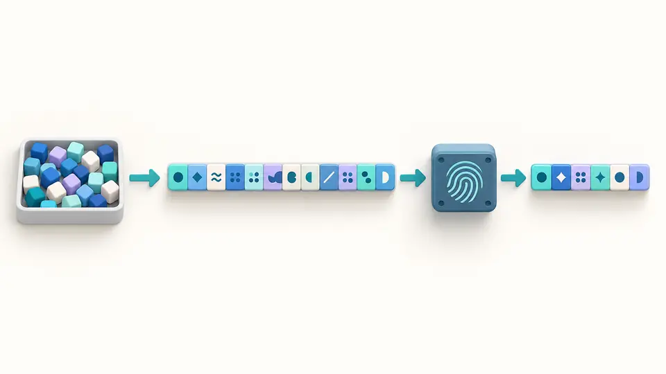Unos bytes aleatorios se convierten en un verificador y después, mediante un hash, en un desafío de longitud fija.