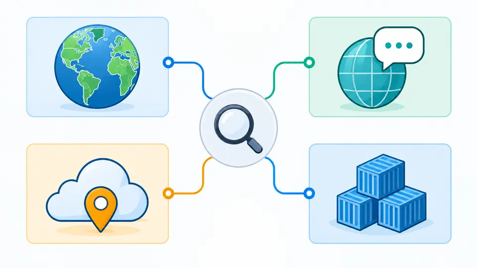 Getrennte Karten für Land, Locale, Cloud-Region und Kubernetes-Ressource laufen zu einem Nachschlagefeld