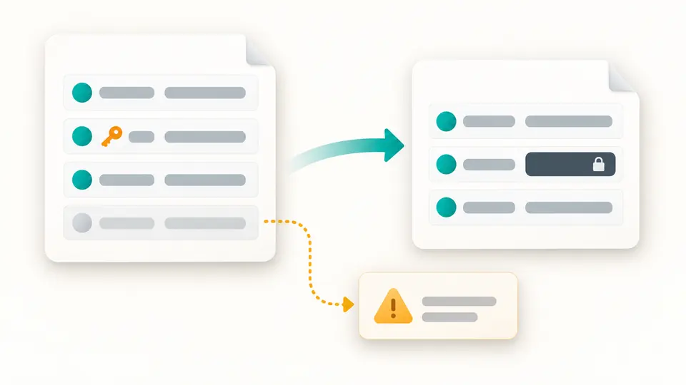 Environment rows flow into a configuration file; a secret value is masked and a disabled row goes to a warning list.