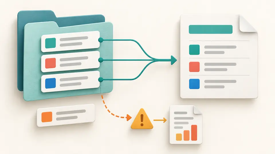 Folder cards connect to a structured API document, while a script card is routed to a warning.