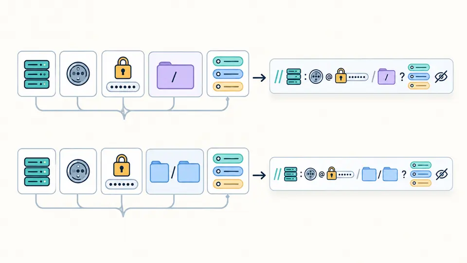 Separate connection fields flow into one URI, with a single encoded vhost segment and a distinct WebSocket path.
