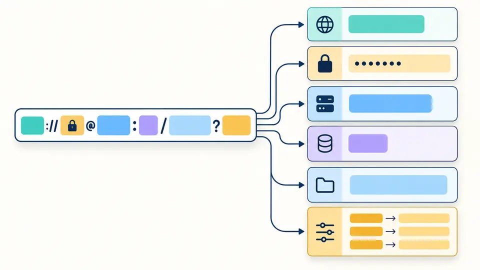 A long protocol URI splits into host, port, path and query cards while credential values remain covered.