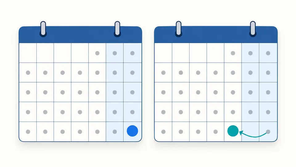 Two identical calendar grids highlight the last Sunday and the preceding Friday respectively, with weekend columns shaded.