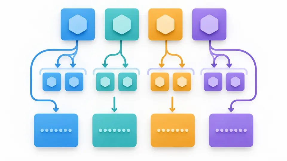 A row of byte blocks branches into paired hex tiles and a row of individual byte cells.
