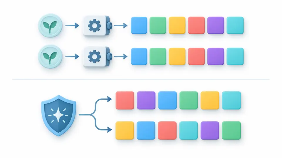 Two identical seed tiles produce matching rows; a shield produces two different rows.