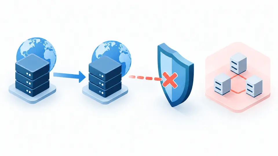 A chain of public nodes ends at a shield before a differently colored private network node.
