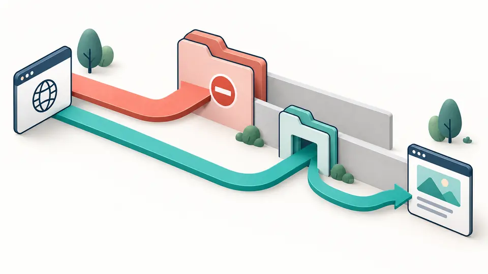 Two path branches converge on a page; a broad blocked branch is outweighed by a longer permitted branch.