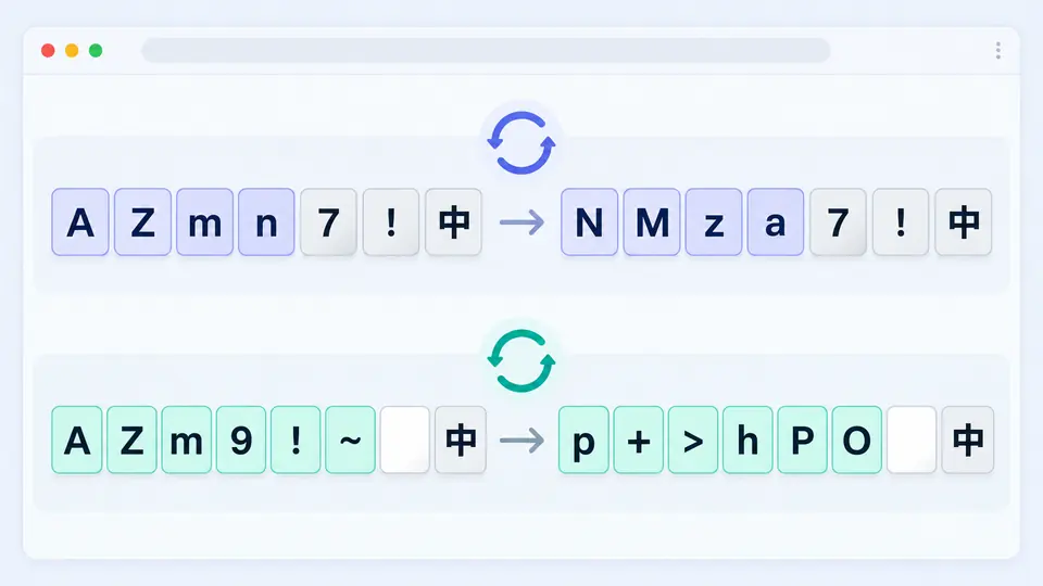 Latin letters rotate while digits and non-ASCII characters remain in place beside a ROT47 comparison.