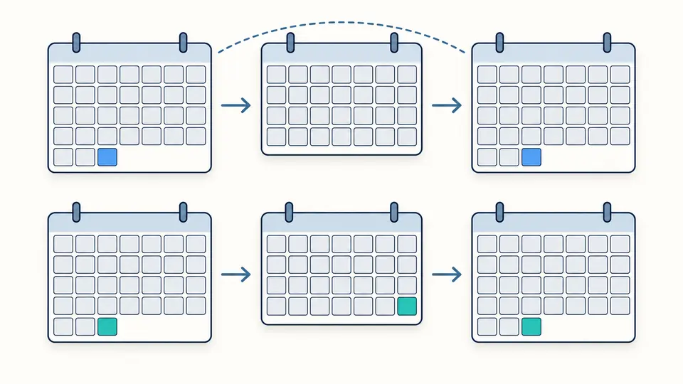 Two calendar sequences compare a fixed 31st, which skips a short month, with the last valid day of every month.