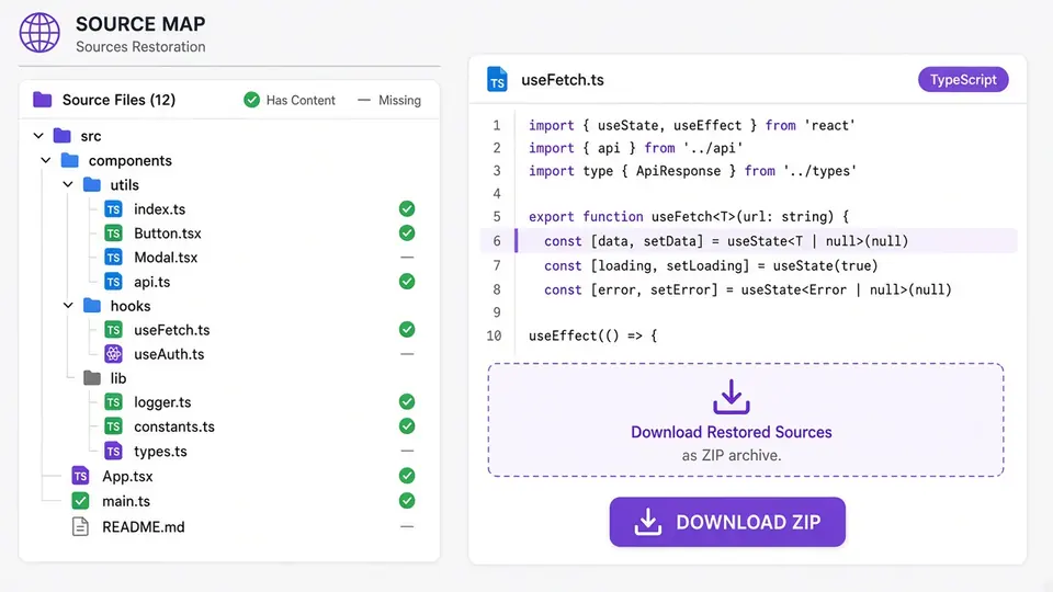La liste des fichiers source d’une map, certains marqués sans contenu, à côté d’un fichier TypeScript restauré avec numéros de ligne et un bouton de téléchargement zip.