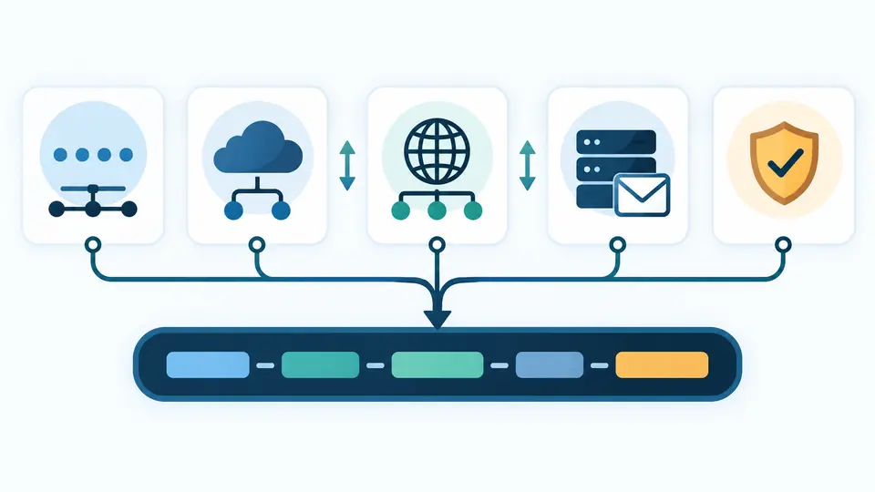 A row of SPF mechanisms feeding an ordered TXT record with the ending policy on the right.
