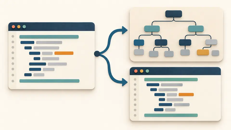 A query branches into a syntax tree beside an independent formatted text panel.