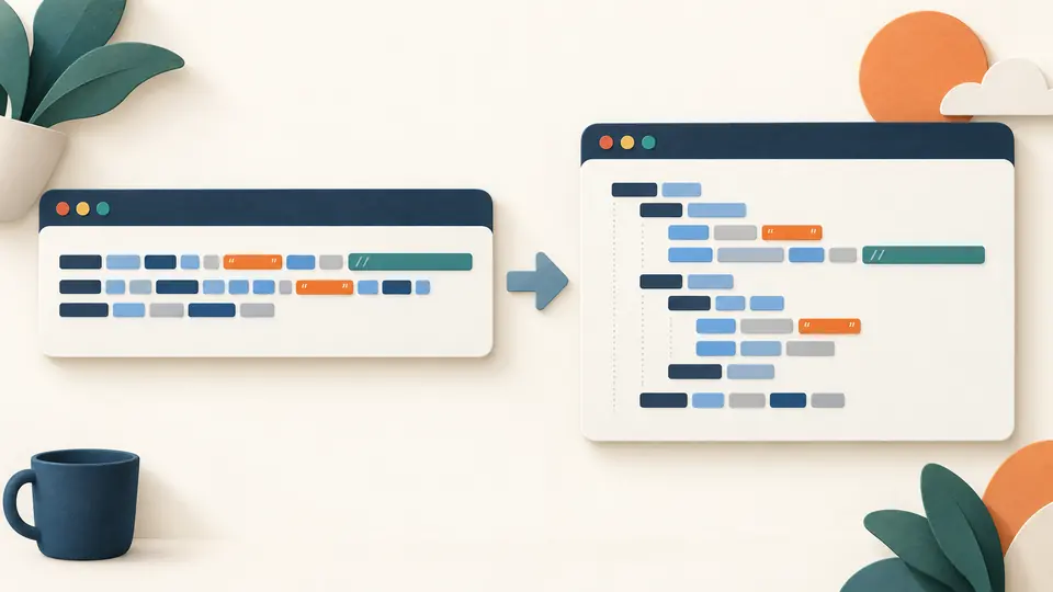 A dense query becomes indented rows while colored literal and comment blocks remain intact.