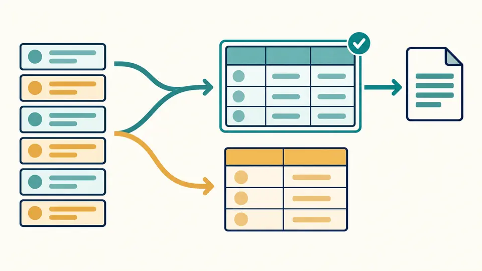 Two colored groups of source rows flow into separate tables, with one table selected for export.