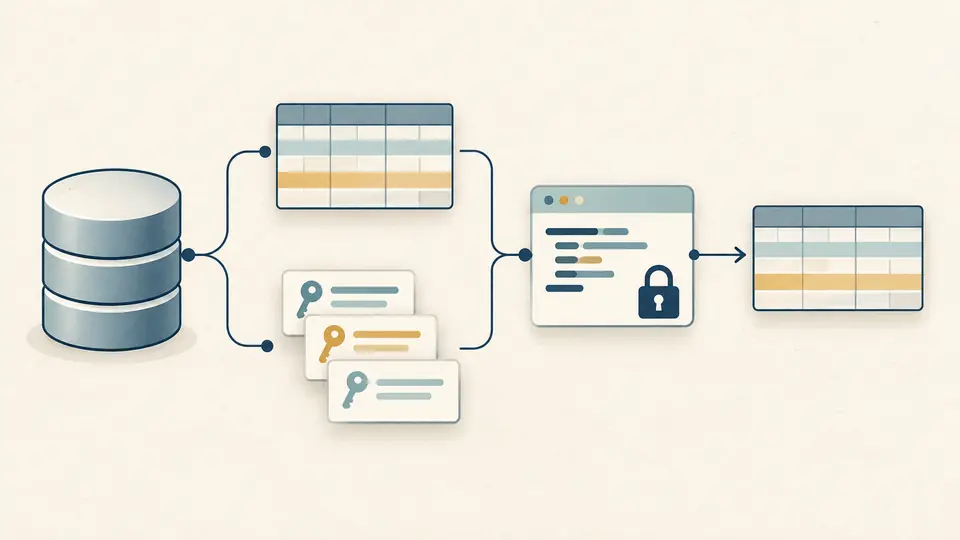 A database branches into table grids and index cards beside a locked query panel.